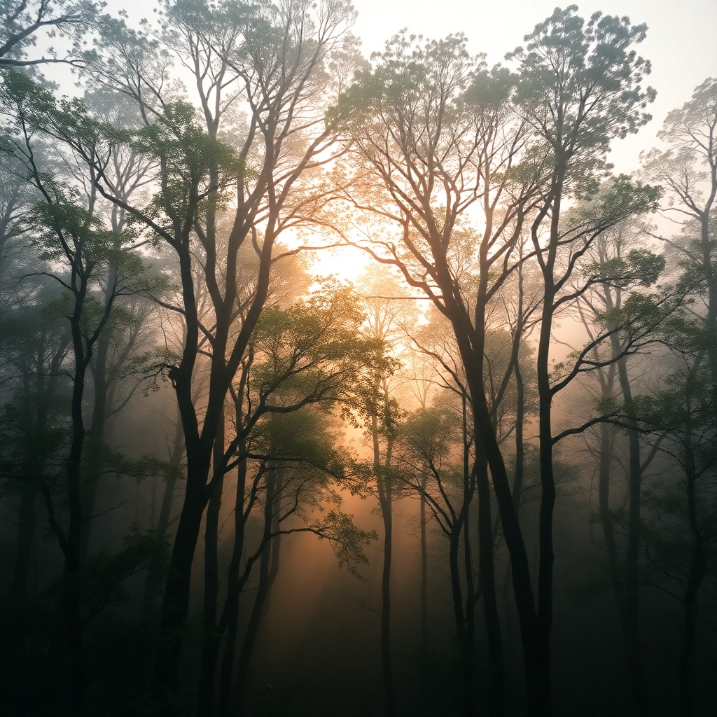 Misty forest at sunrise